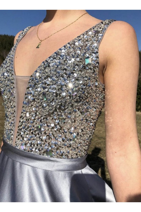 A-Line Long Satin Beaded Prom Dress Formal Evening Gowns 901321 A-Line Long Satin Beaded Prom Dress Formal Evening Gowns 901321