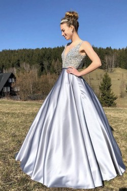 A-Line Long Satin Beaded Prom Dress Formal Evening Gowns 901321