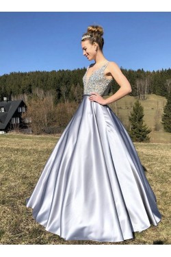 A-Line Long Satin Beaded Prom Dress Formal Evening Gowns 901321