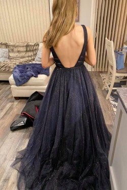 A-Line Long Navy Blue Sparkle Prom Dress Formal Evening Gowns 901322