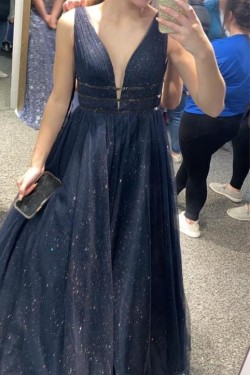 A-Line Long Navy Blue Sparkle Prom Dress Formal Evening Gowns 901322