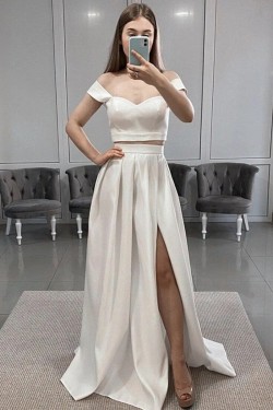 A-Line Two Pieces Long White Prom Dress Formal Evening Gowns 901323