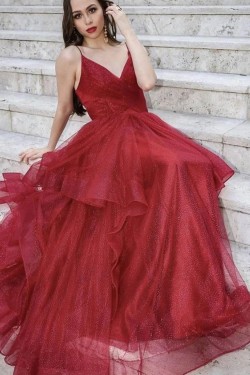 A-Line Long Burgundy Sparkle Tulle Prom Dress Formal Evening Gowns 901326