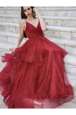 A-Line Long Burgundy Sparkle Tulle Prom Dress Formal Evening Gowns 901326