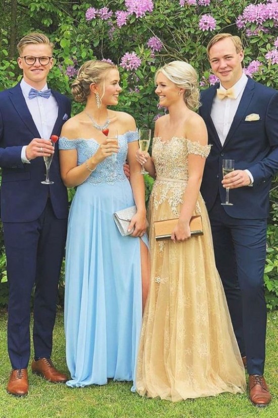 A-Line Long Blue Chiffon and Lace Prom Dress Formal Evening Gowns 901333