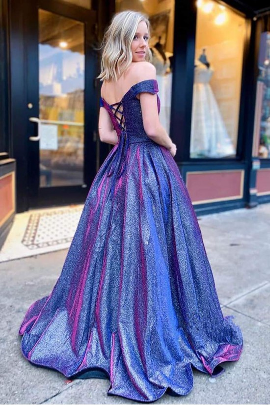 Long Blue Sparkly Off the Shoulder Prom Dress Formal Evening Gowns 901334