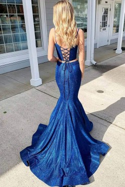 Long Royal Blue Mermaid Two Pieces Sparkle Prom Dress Formal Evening Gowns 901335