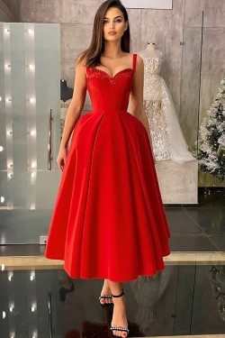 Elegant Tea Length Red Prom Dress Formal Evening Gowns 901339