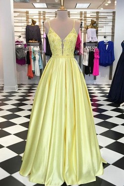 A-Line Long Yellow Lace and Satin Prom Dress Formal Evening Gowns 901341