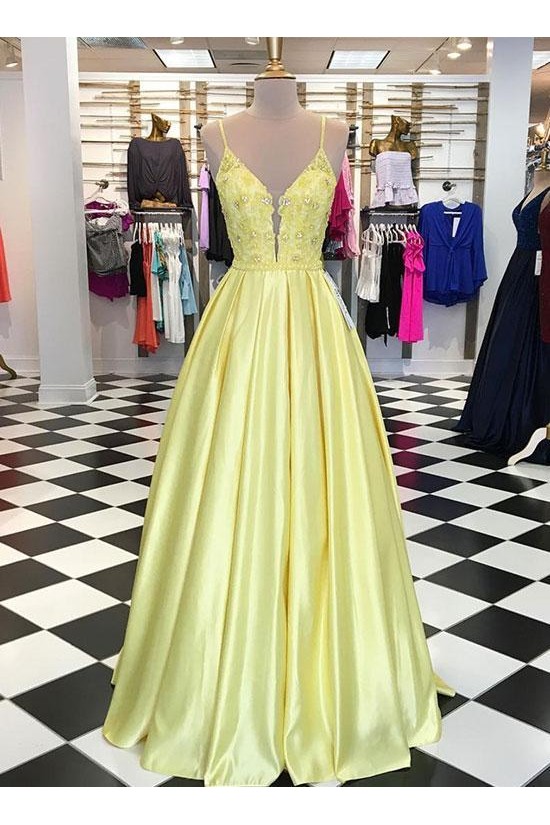 A-Line Long Yellow Lace and Satin Prom Dress Formal Evening Gowns 901341 A-Line Long Yellow Lace and Satin Prom Dress Formal Evening Gowns 901341