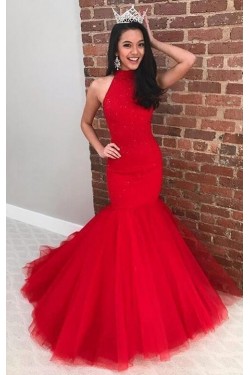 Long Red Mermaid High Neck Prom Dress Formal Evening Gowns 901343