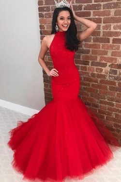 Long Red Mermaid High Neck Prom Dress Formal Evening Gowns 901343