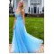 Long Blue V Neck Tulle Prom Dress Formal Evening Gowns 901345
