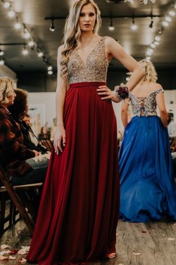 A-Line Beaded V Neck Prom Dress Formal Evening Gowns 901346