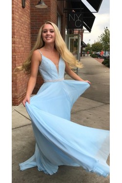 Long Blue Chiffon Beaded Prom Dress Formal Evening Gowns 901348