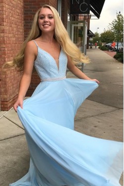Long Blue Chiffon Beaded Prom Dress Formal Evening Gowns 901348