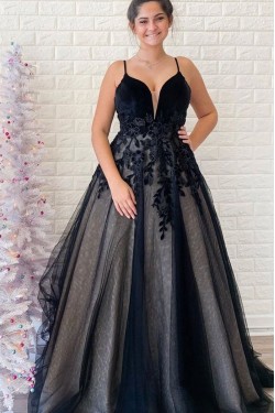 A-Line Tulle and Lace Long Prom Dress Formal Evening Gowns 901351
