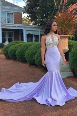 Elegant Mermaid Lavender Beaded Lace Prom Dress Formal Evening Gowns 901352
