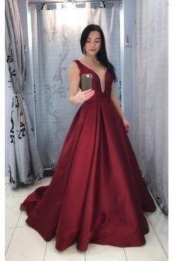 A-Line Long Satin V Neck Prom Dress Formal Evening Gowns 901354