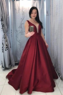 A-Line Long Satin V Neck Prom Dress Formal Evening Gowns 901354