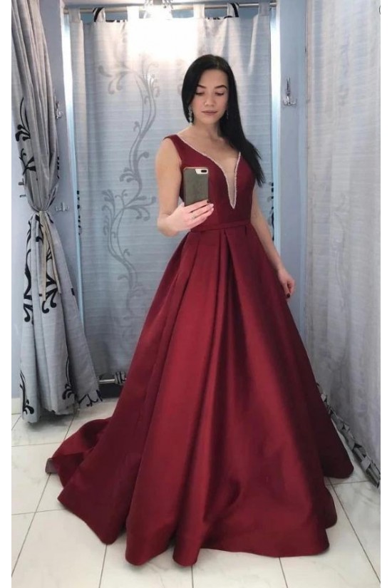 A-Line Long Satin V Neck Prom Dress Formal Evening Gowns 901354 A-Line Long Satin V Neck Prom Dress Formal Evening Gowns 901354