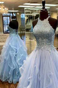 Elegant Halter Tulle and Lace Long Prom Dress Formal Evening Gowns 901355
