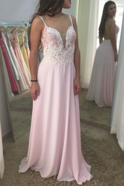 Long Pink Lace and Tulle Prom Dress Formal Evening Gowns 901356