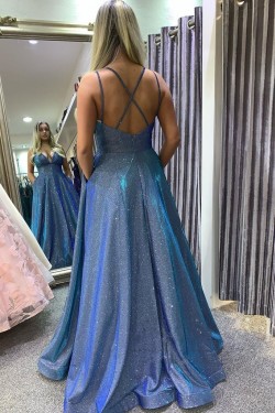 A-Line Long Blue V Neck Sparkle Prom Dress Formal Evening Gowns 901359