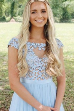 A-Line Long Blue Chiffon and Lace Prom Dress Formal Evening Gowns 901362