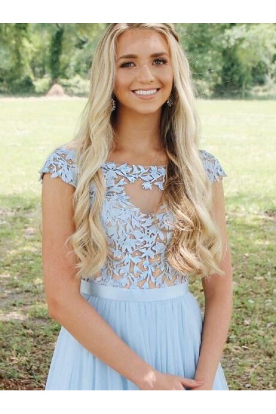 A-Line Long Blue Chiffon and Lace Prom Dress Formal Evening Gowns 901362