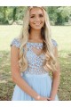 A-Line Long Blue Chiffon and Lace Prom Dress Formal Evening Gowns 901362