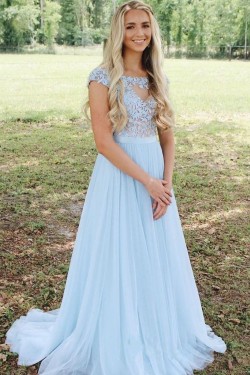 A-Line Long Blue Chiffon and Lace Prom Dress Formal Evening Gowns 901362
