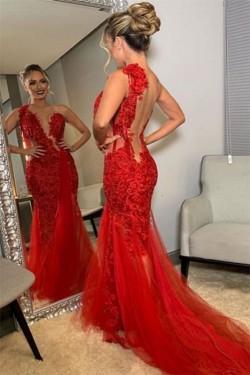 Long Red Mermaid One Shoulder Lace Prom Dress Formal Evening Gowns 901364