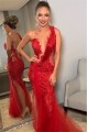 Long Red Mermaid One Shoulder Lace Prom Dress Formal Evening Gowns 901364