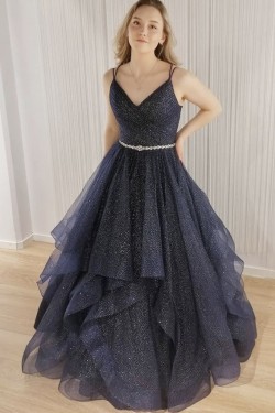 A-Line Sparkle Tulle Long Prom Dress Formal Evening Gowns 901366