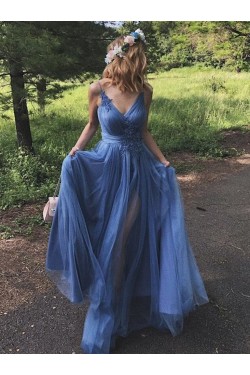 Long Blue Lace and Tulle Prom Dress Formal Evening Gowns 901367