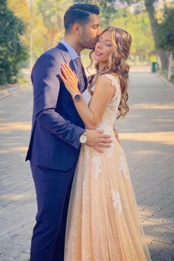 A-Line Lace V Neck Prom Dress Formal Evening Gowns 901368