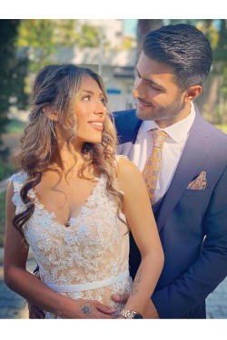 A-Line Lace V Neck Prom Dress Formal Evening Gowns 901368