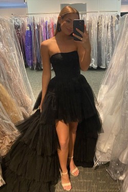 High Low Strapless Black Tulle Prom Dress Formal Evening Gowns 901369