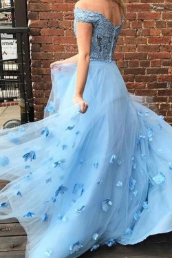 A-Line Long Blue Two Pieces Lace Tulle Prom Dress Formal Evening Gowns 901371