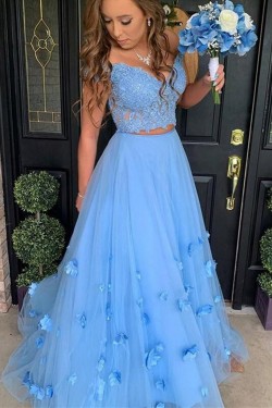 A-Line Long Blue Two Pieces Lace Tulle Prom Dress Formal Evening Gowns 901371