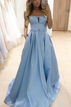 A-Line Long Blue Satin Prom Dress Formal Evening Gowns 901377