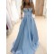 A-Line Long Blue Satin Prom Dress Formal Evening Gowns 901377