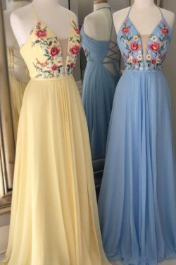Long Yellow Embroidered Chiffon Prom Dress Formal Evening Gowns 901388