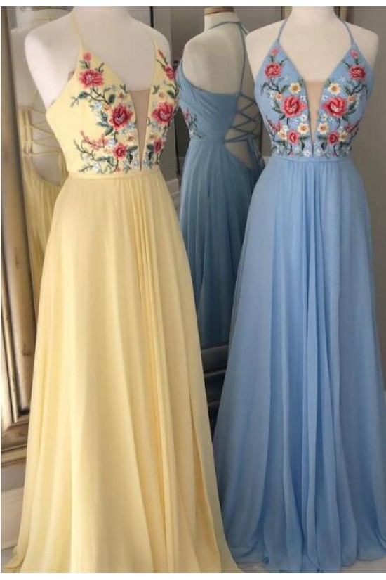 Long Yellow Embroidered Chiffon Prom Dress Formal Evening Gowns 901388
