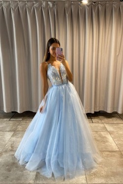 Long Blue Tulle and Lace Prom Dress Formal Evening Gowns 901391