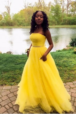 A-Line Long Yellow Strapless Prom Dress Formal Evening Gowns 901396