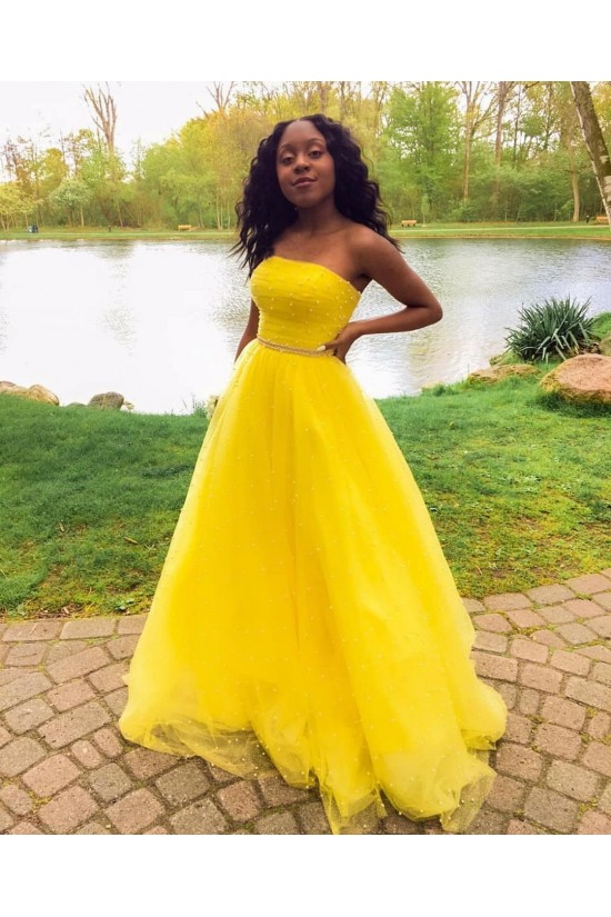 A-Line Long Yellow Strapless Prom Dress Formal Evening Gowns 901396