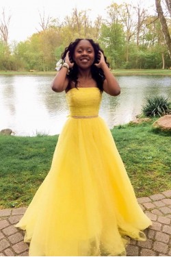 A-Line Long Yellow Strapless Prom Dress Formal Evening Gowns 901396