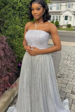 A-Line Strapless Long Sparkle Prom Dress Formal Evening Gowns 901399